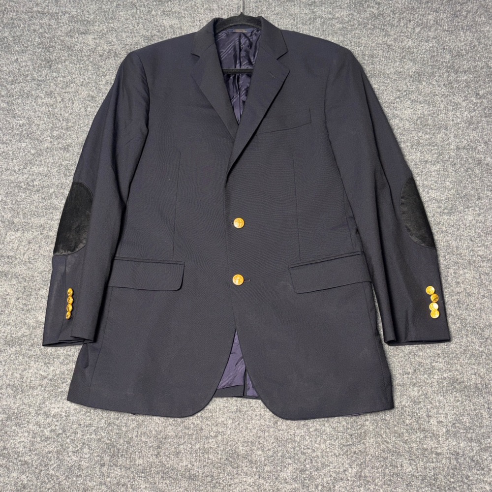 Brooks Brothers 1818 Madison Blazer 37R Navy Loro Piana Wool Elbow Patch Gold